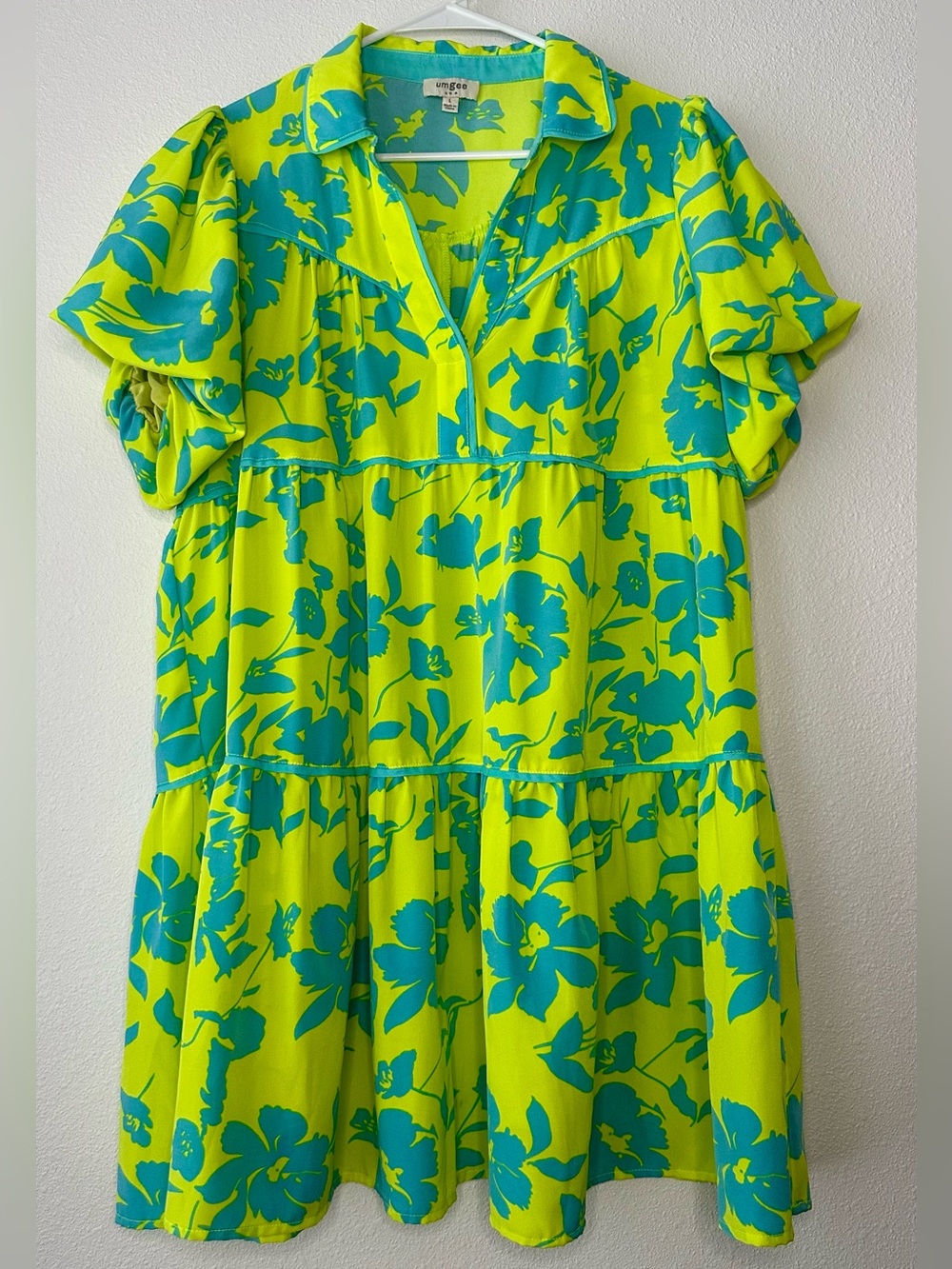 Umgee Vibrant Lime & Teal Floral Mini Dress with Puff Sleeve and Collared V-neck